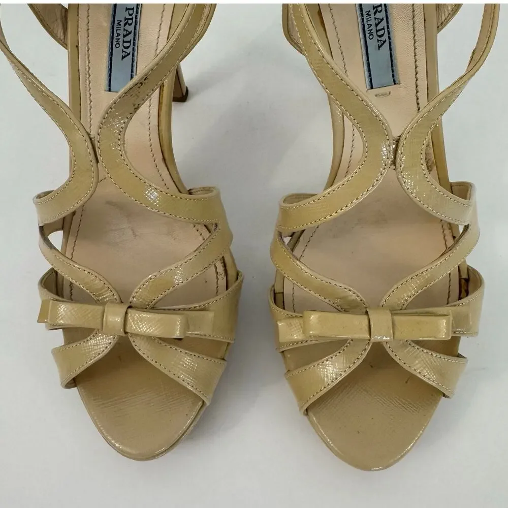 Prada Patent Leather Bow Accents Strappy Sandals Shoes Nude Tan | 37.5 (US 7.5)